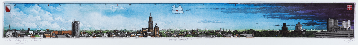 29372 Profiel van de stad Utrecht, uit het westen, met onder meer de Neudeflat, Domtoren, Buurtoren en Hoofdkantoor van ...